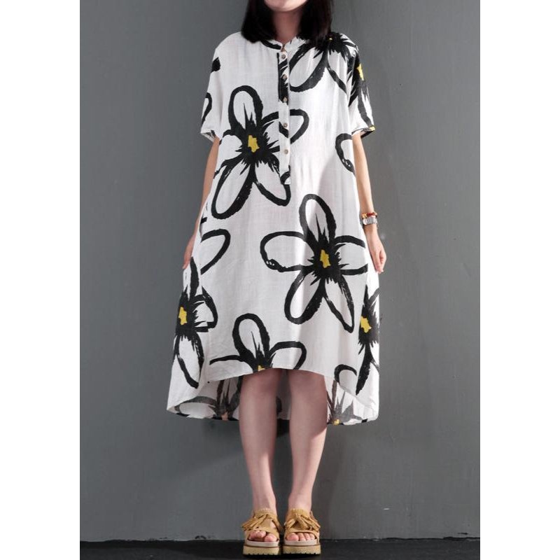 Plus Size Sundress White Linen Summer Maxi Dress Floral Shift Dresses