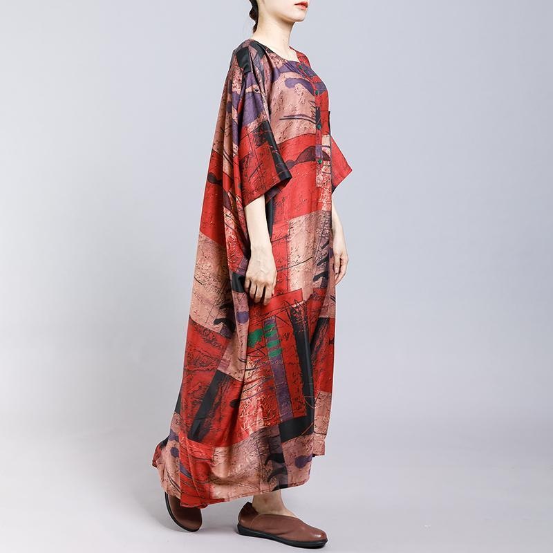 Print Short Sleeve Stand Collar Button Pockets Dress