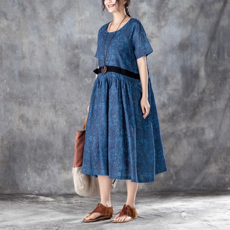 Printed Lacing Short Sleeve Dresses Blue Pleated Dress
