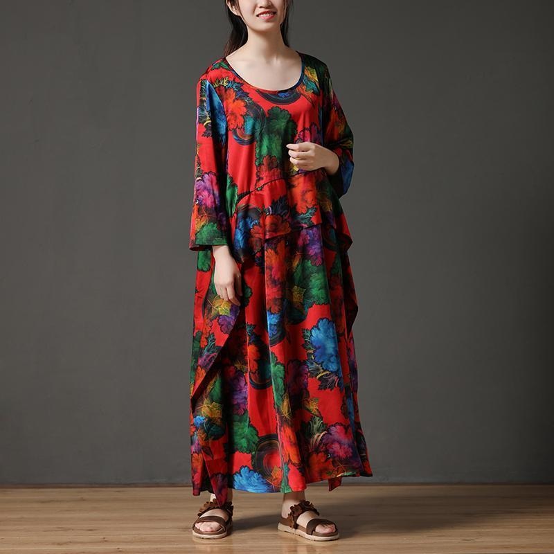 Printing Long Sleeve Loose Round Neck Polyester Dress
