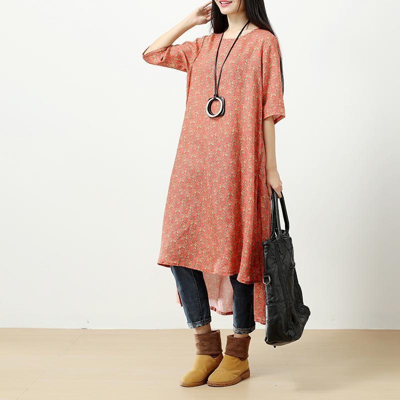 Retro Printing Side Slit Short Sleeves Linen Orange Red Women Dress