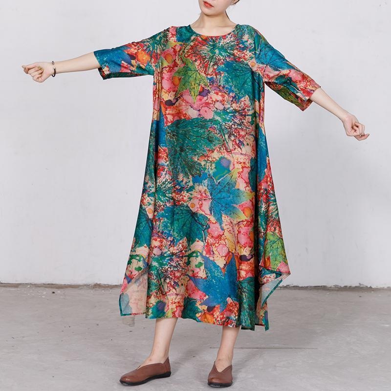 Retro Round Neck Print Irregular Dress