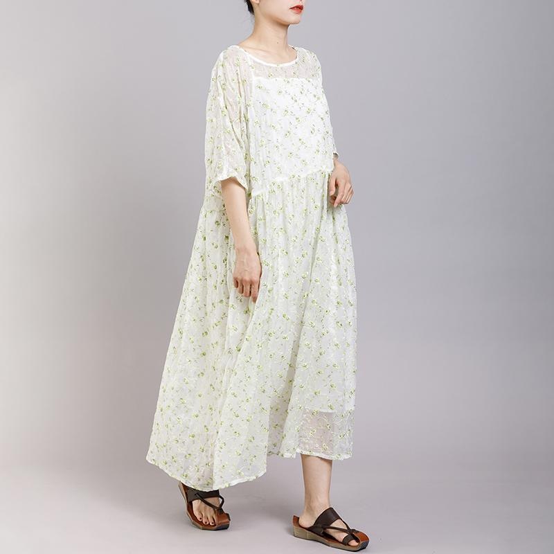 Round Neck Print Floral Pleated Short Sleeve Dress