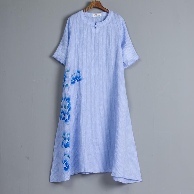 Round Neck Short Sleeve Pockets Stripe Blue Dress