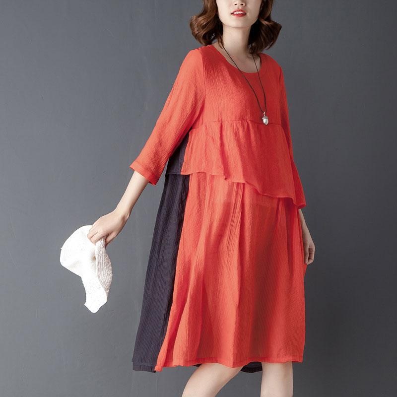Round Neck Three Quarter Sleeve Red Knee Length Dress