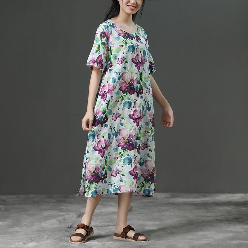 Short Sleeve Casual Loose Flower Linen Dress