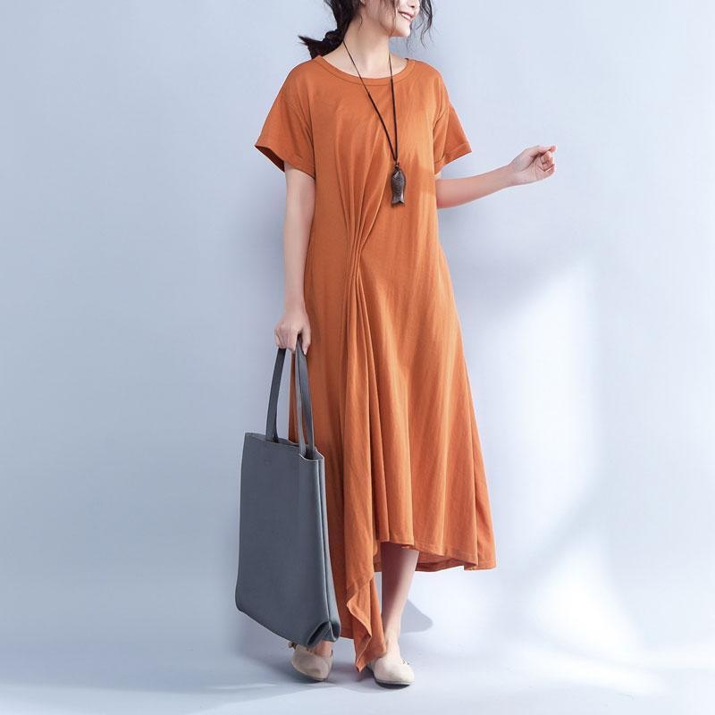 Short Sleeve Round Neck Summer Irregular Orange Dress