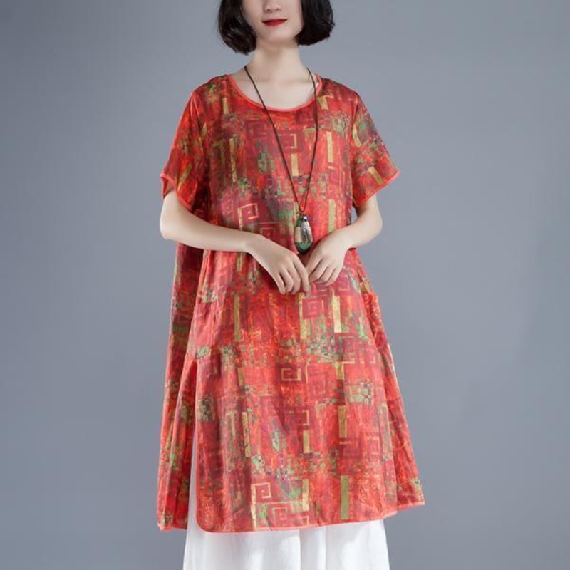 Short Sleeve Slit Summer Casual Printed Dress