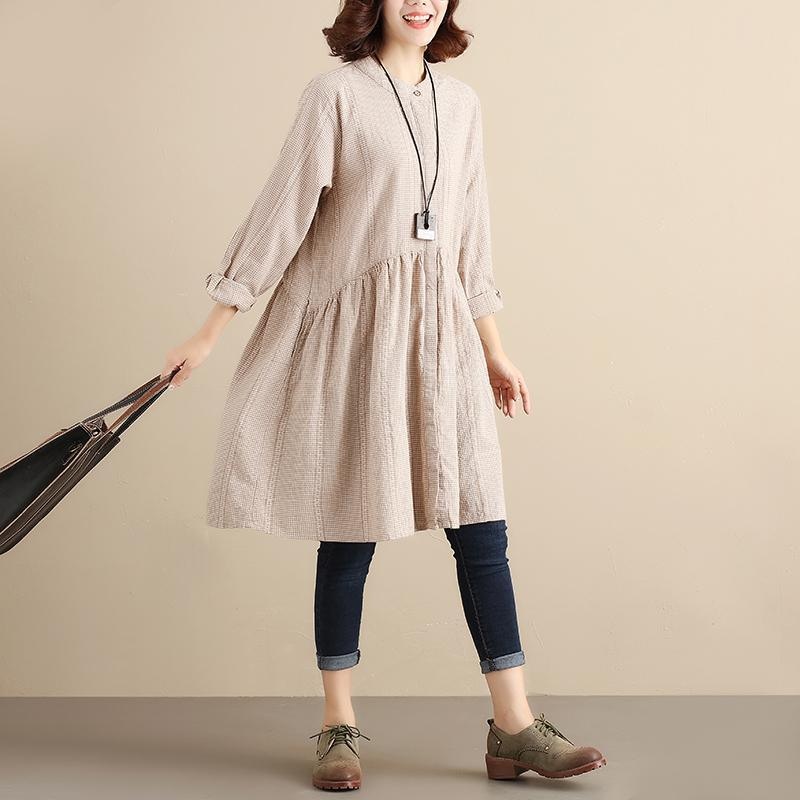 Splicing Pleated Literature Single Breasted Loose Beige Lattice Women Dress
