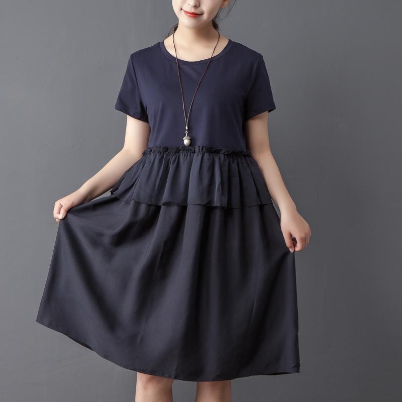 Splicing Round Neck Short Sleeve Navy Blue Dress