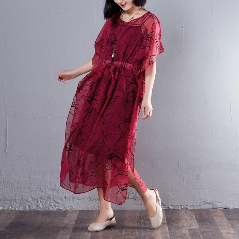Spring Summer Round Neck Short Sleeve Printed Red Dress