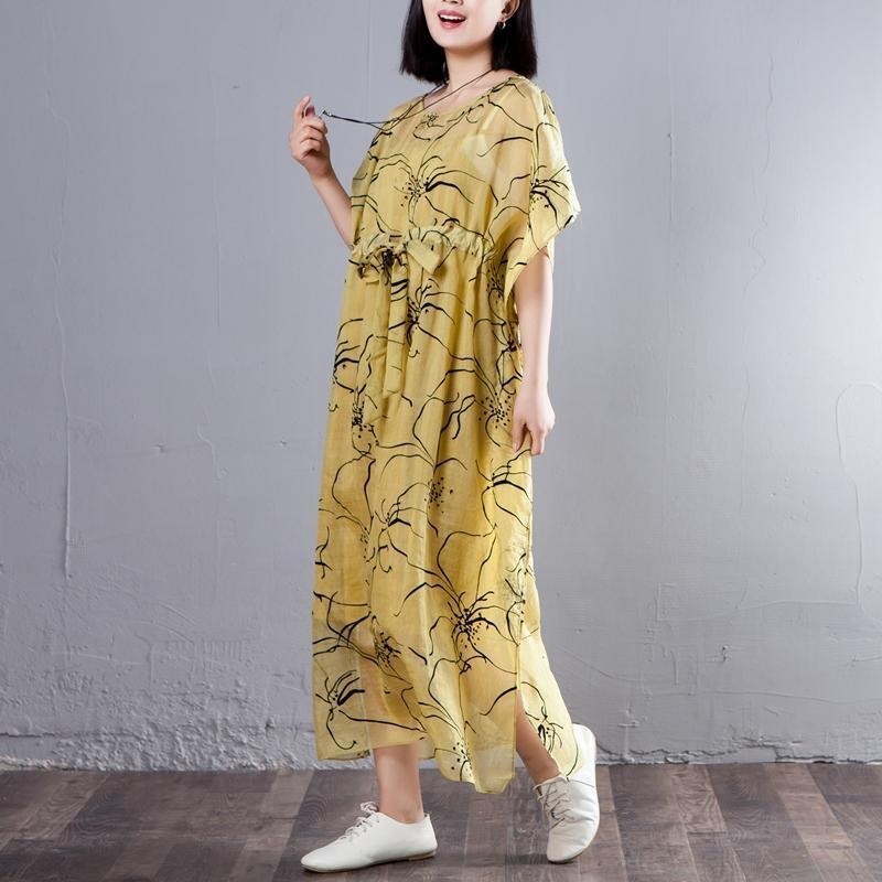 Spring Summer Round Neck Short Sleeve Printed Yellow Dress