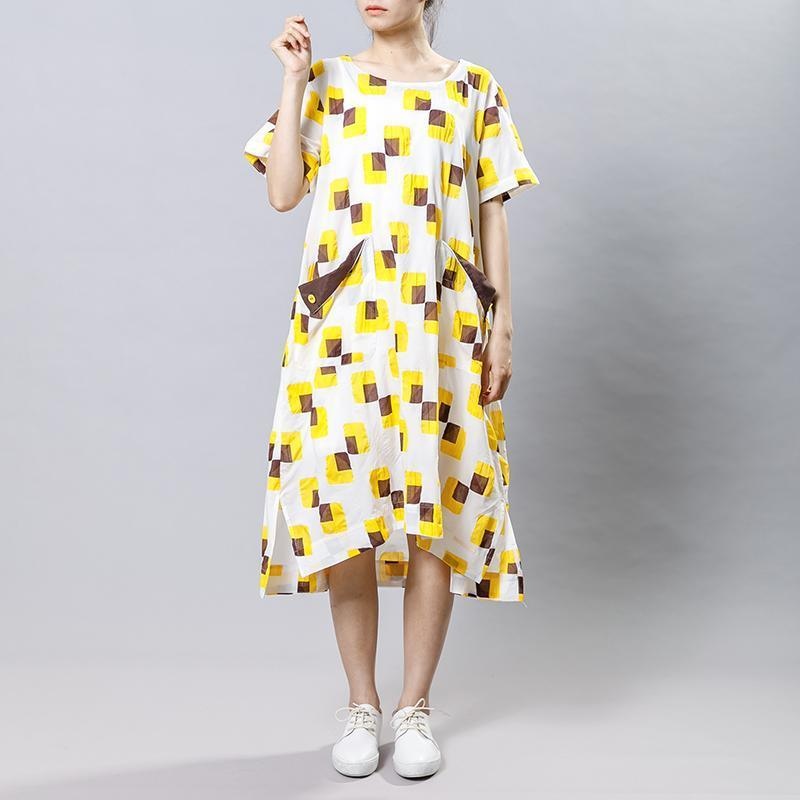 Square Printed Irregular Pockets Loose Dress