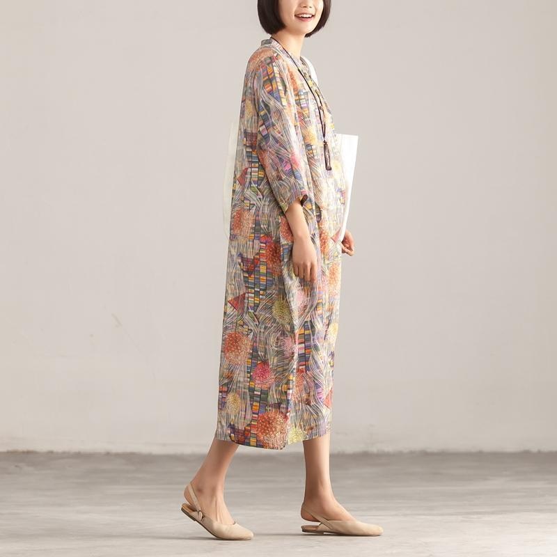 Stand Collar Three Quarter Sleeve Retro Printed Dress