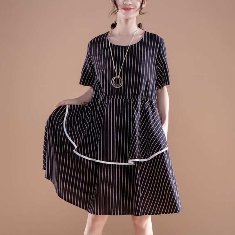 Stripe Short Sleeve Round Neck Drawstring Red Dress