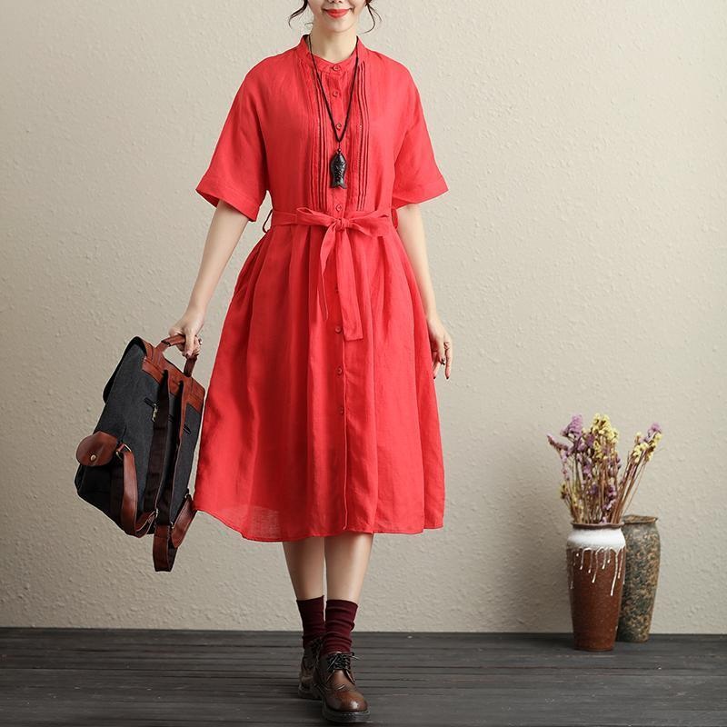 Stylish Hollowed Single Breasted Short Sleeves Ramie Pure Red Women Dress
