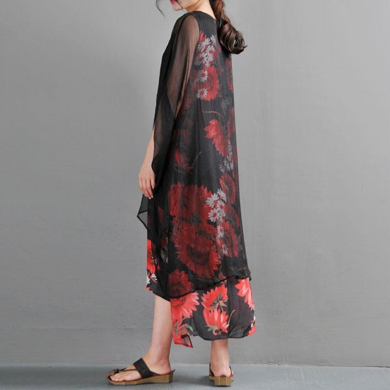Summer Fake Two Pieces Red Flower Printed Short Sleeve Dress