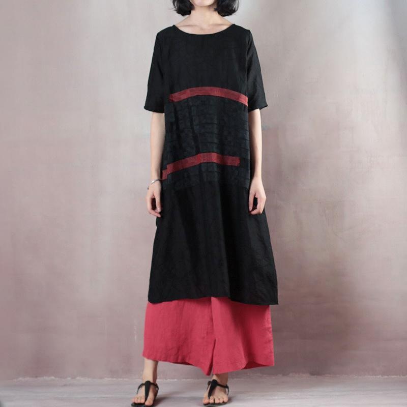 Summer Round Neck Patch Work Stripe Black Dress