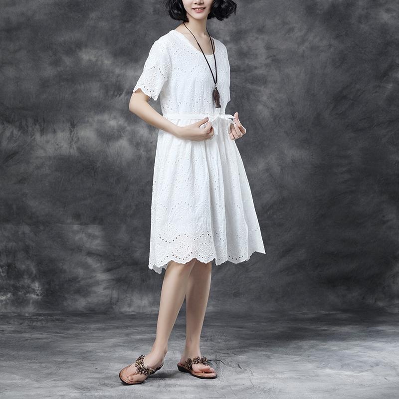 Summer Short Sleeve Lacing Pleated White Casual Dress