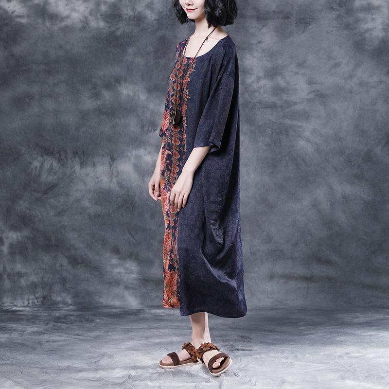 Summer Short Sleeve Navy Blue Floral Pocket Dress
