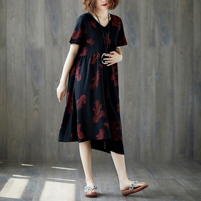 Summer Short Sleeve Red Flower Black Casual  V Neck Dress
