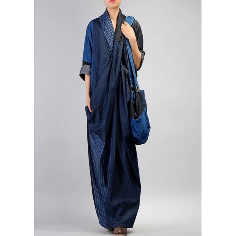 Unique V-Neck Linen Patchwork Robes Neckline Denim Blue Dress