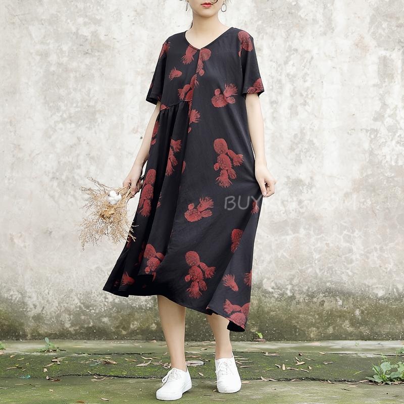 V-neck Loose Print Cotton Casual Summer Dress