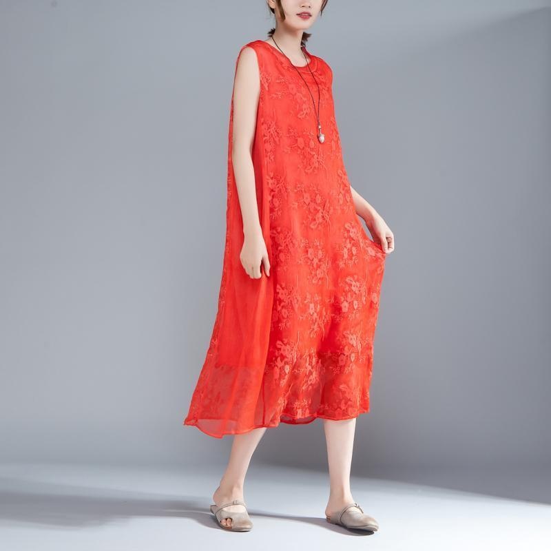 Women Embroidered Pullovers Sleeveless Red Dress