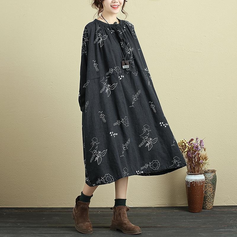 Women Round Neck Lacing Half Sleeve Printing Linen Dress