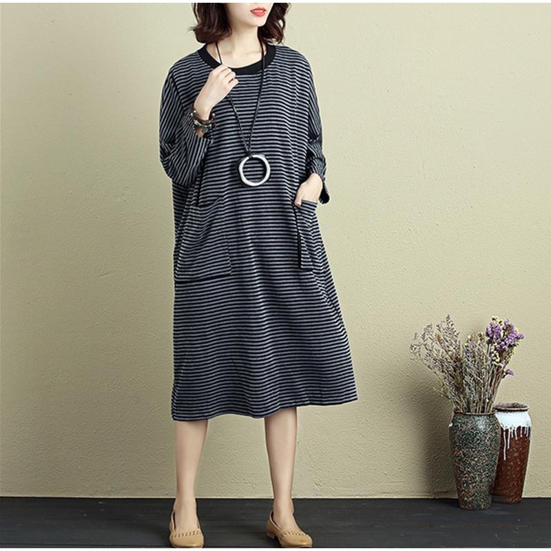 Women Round Neck Shoulder Sleeve Gray Black Stripe Dress