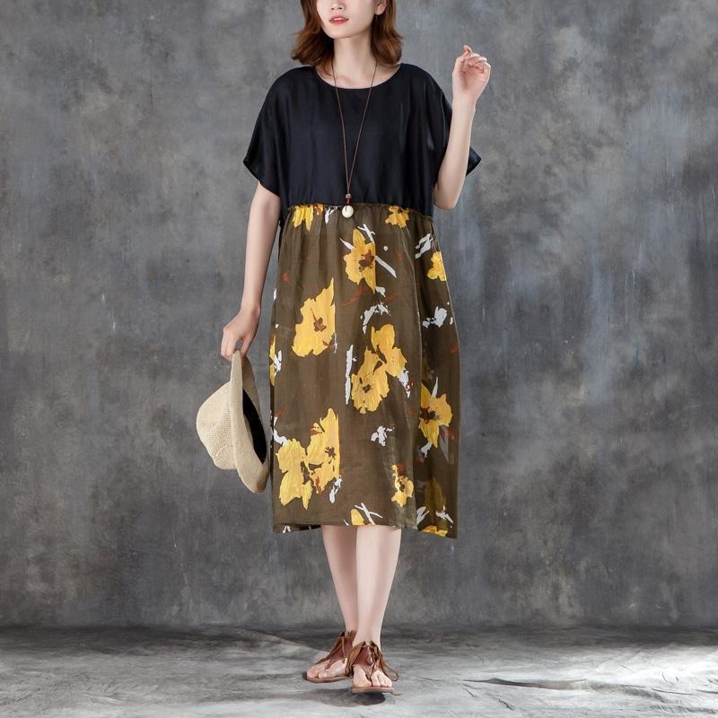 Women Short Sleeve Printed Patchwork Loose Dress