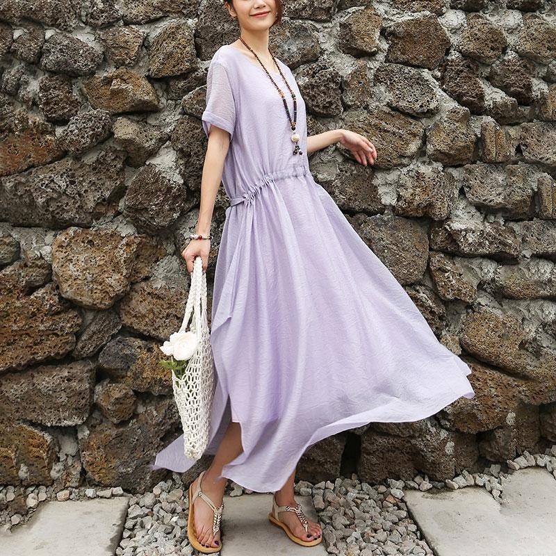 Women Short Sleeve Purple Lacing Lining Dress