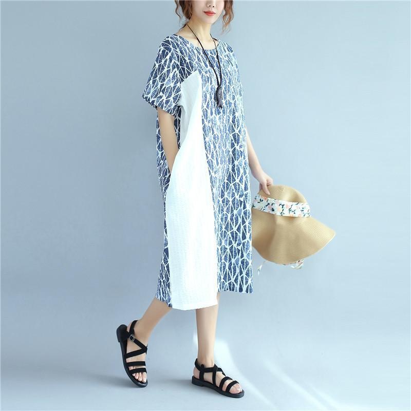Women Splicing Causal Splitting Short Sleeve Blue Dress
