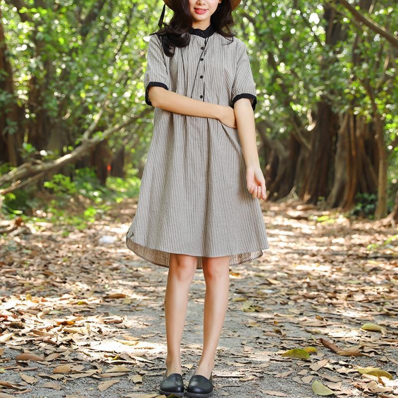 Women Stand Collar Buttons Stripe Pockets 1/2 Sleeve Dress