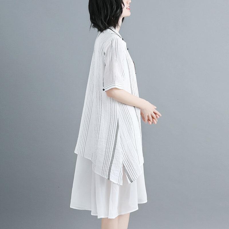 Women Stand Collar Single Breasted Stripe White Dress