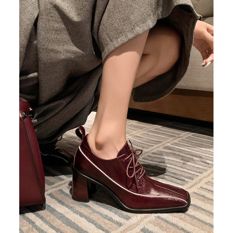 2025 Chic Splicing Lace Up Chunky Heel Mulberry Cowhide Leather