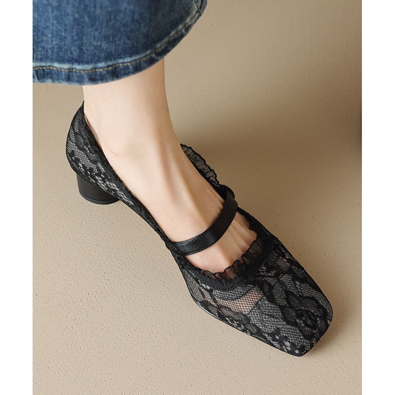 2025 New Mesh Lace Hollow Out Chunky Heel Penny Loafers