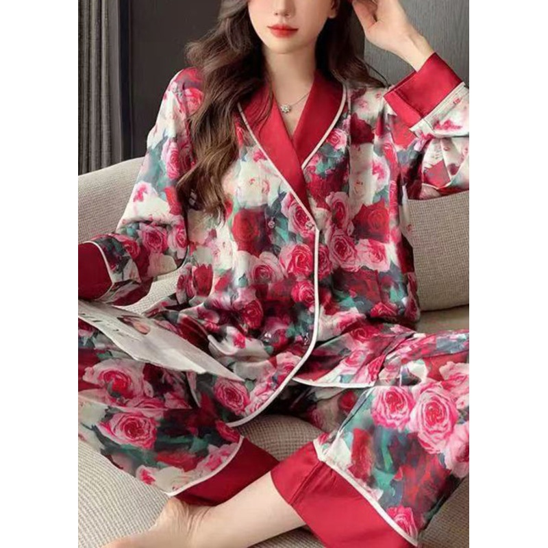 Art Red Peter Pan Collar Print Ice Silk Pajamas Two Piece Set Spring