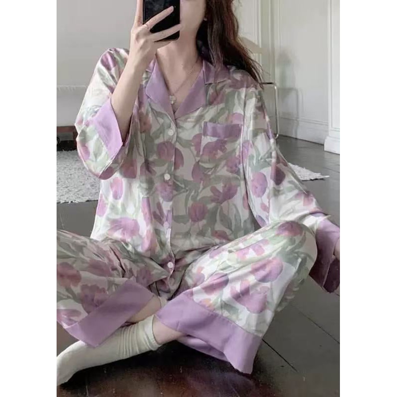 Beautiful Purple Tulip Print Button Ice Silk Pajamas Two Pieces Set Spring