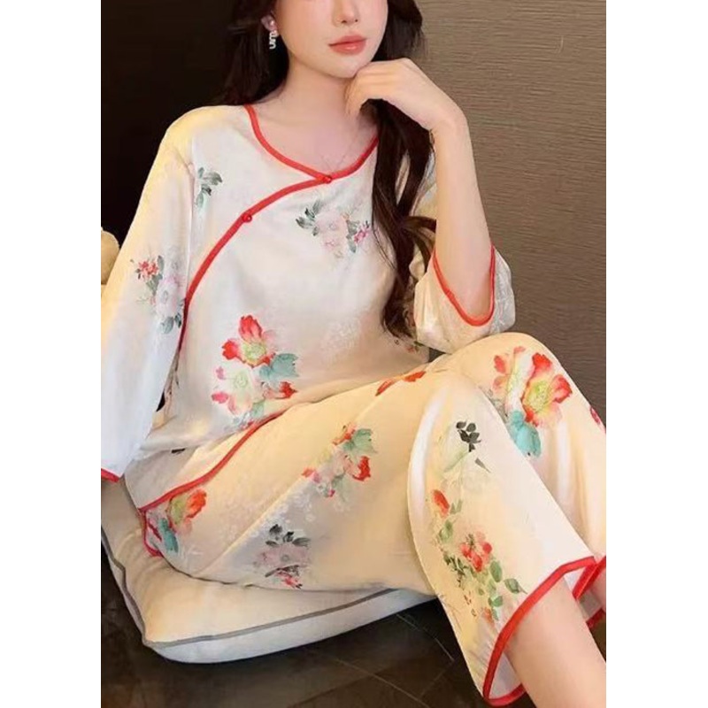 Beautiful White Print Tops And Crop Pants Ice Silk Pajamas Two-Piece Set Summer