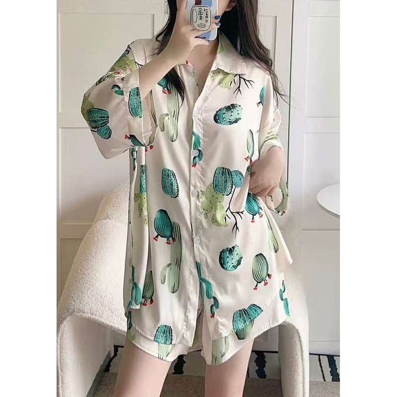 Beige Button Print Ice Silk Pajamas Two-Piece Set Peter Pan Collar Spring