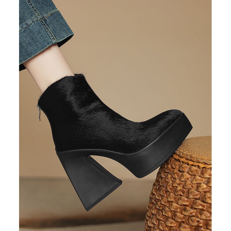 Black Chunky Heel Fashion Zippered Splicing Horsehair Boots
