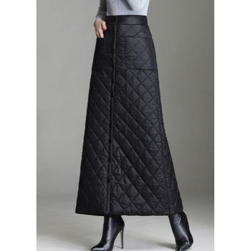 Black Down Cotton High Waist Fall Winter Casual Loose Maxi Skirt
