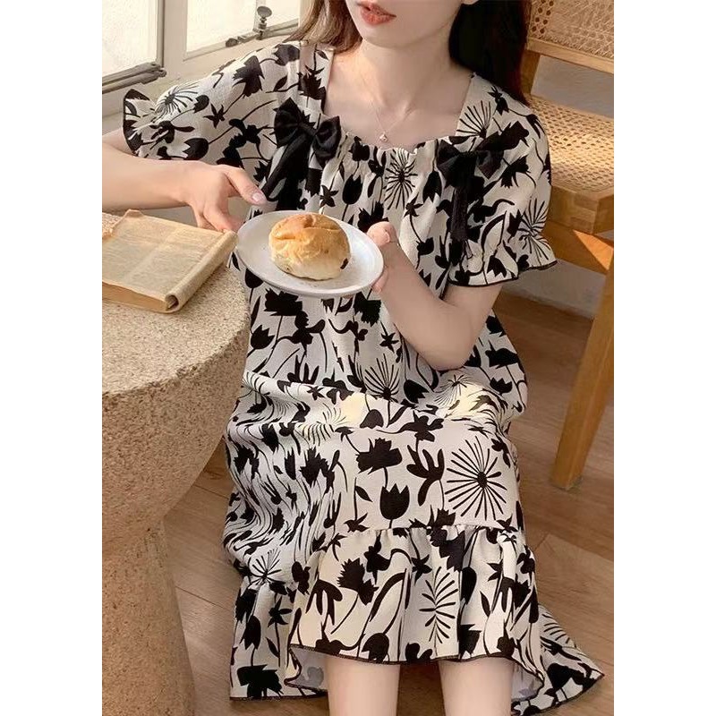 Black Print Bow Pajamas Dresses Square Collar Butterfly Sleeve