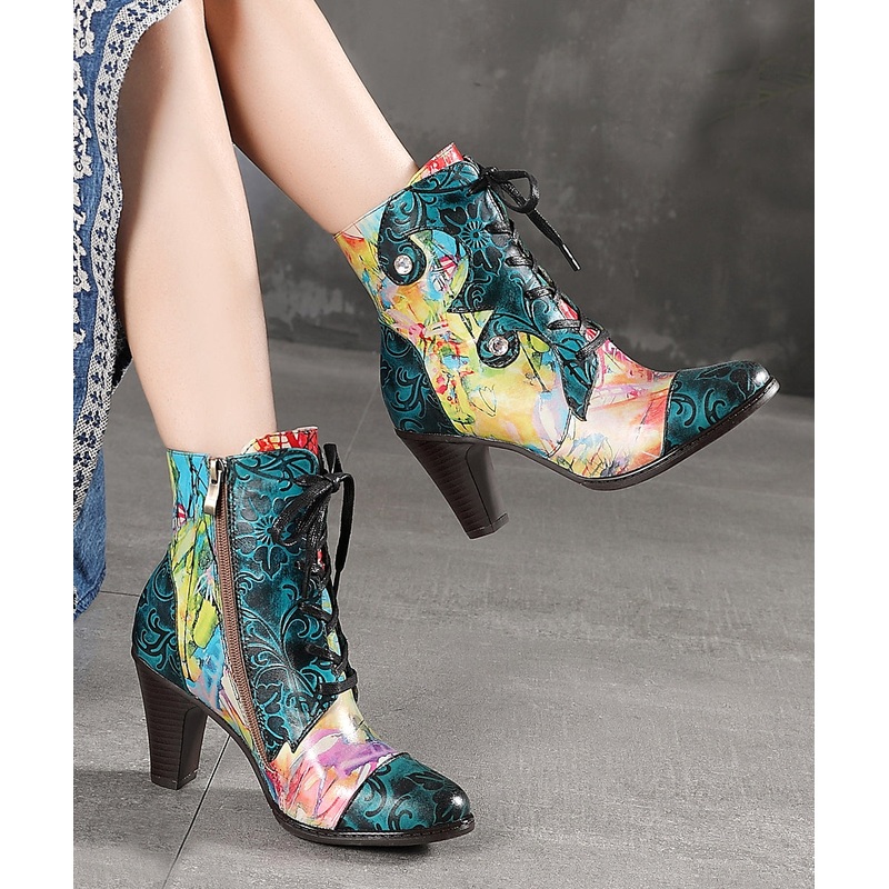 Bohemian Blue Lace Up Splicing Embossed Chunky Heel Boots