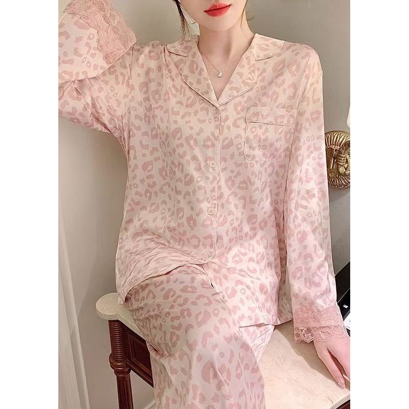 Bohemian Pink Leopard Lace Patchwork Ice Silk Pajamas Two Pieces Set Spring