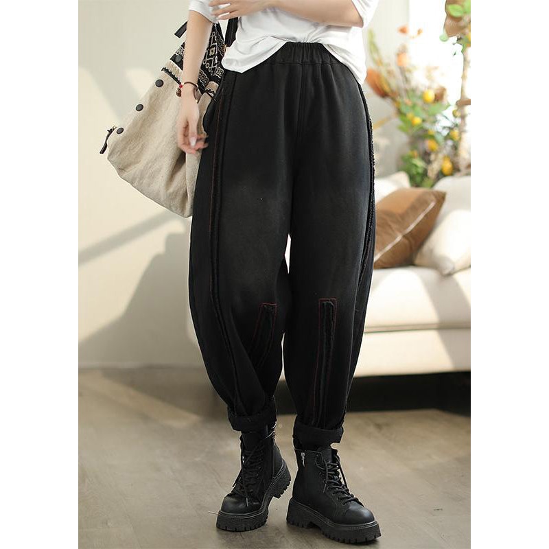 Casual Black Pockets Elastic Waist Warm Fleece Pants Spring