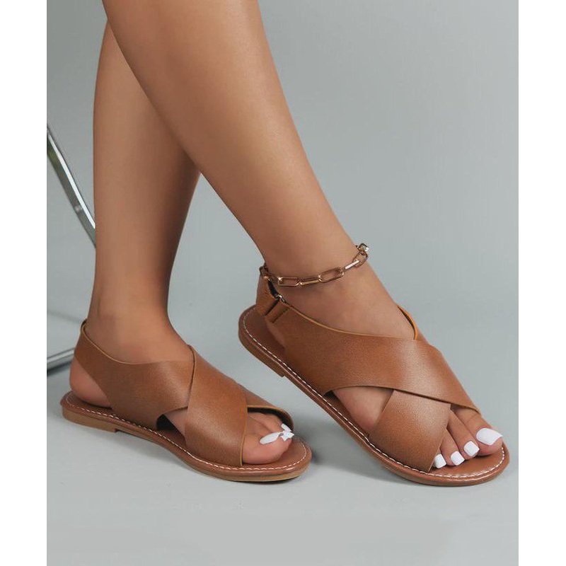 Casual Chocolate Faux Leather Comfy Sandals Cross Strap