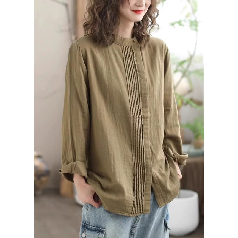 Casual Loose Khaki Stand Collar Wrinkled Cotton Shirts Top Spring