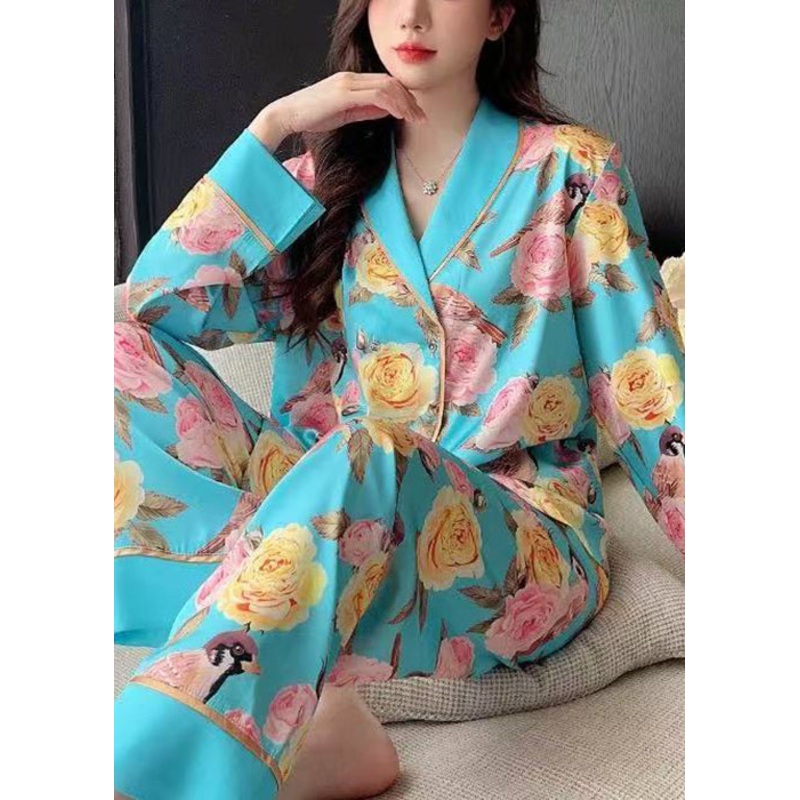 Chic Blue Roses Print Blouses And Pants Ice Silk Pajamas Two Pieces Set Spring